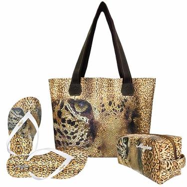 Imagem de Kit Selva Feminino Onça com Bolsa, Necessaire e Chinelo Magicc Bolsas KIT-032