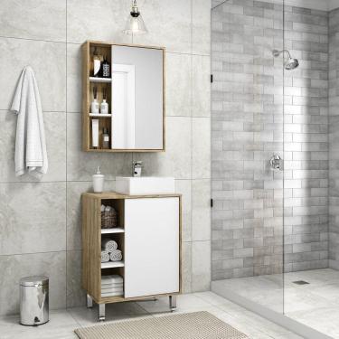 Imagem de Gabinete para Banheiro com Cuba e Espelheira Nichos Ozini Carvalho Cartagena/Branco