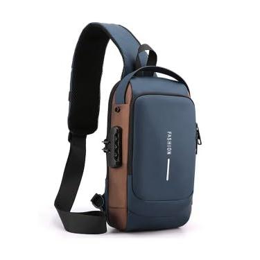Imagem de Bolsa Mochila Masculina Anti Furto Transversal De Ombro Tiracolo Pochete USB impermeável (Azul/Marrom)