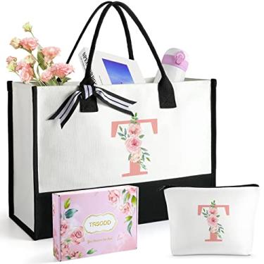 Imagem de Sacola floral ini-tial can-vas com bolsa de maquiagem, Uti-lity mono-grama de praia para mulheres, presente de agradecimento para mulheres com bolso interno, cartão, caixa de presente T