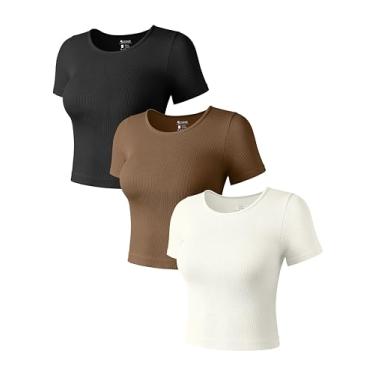 Imagem de OQQ Camisetas femininas de manga curta, 3 peças, gola redonda, sem costura, ajuste elástico, Preto, café, bege, M