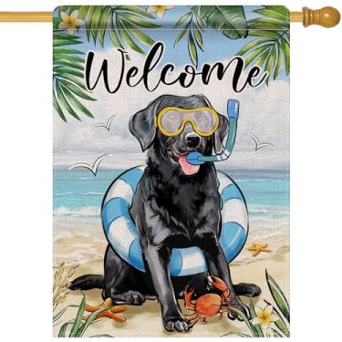 Imagem de Artofy Welcome Primavera Verão Cachorro Labrador Preto Grande Bandeira Decorativa, Pet Beach Coastal Yard Garden Decoração Externa Presentes Amantes de Cachorros, Anel de Natação Náutico Outdoor