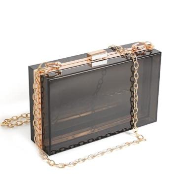 Imagem de WJCD Bolsa feminina transparente de acrílico, bolsa de mão pequena transparente transversal para noite aprovada pelo estádio com alça de corrente dourada, Preto transparente, Small