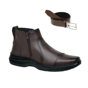 Imagem de Kit Bota Casual Botina Couro Legítimo Cano Médio Tradicional Zíper Com Cinto Masculino-Masculino