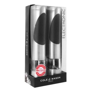 Imagem de Cole & Mason Richmond Electronic Conjunto de moedor de sal e pimenta – Moedor elétrico de temperos de um botão com grande câmara de moagem – Requer 6 pilhas AAA – Ferramenta de cozinha para lavar à