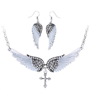 Imagem de Szxc Jewelry Colar feminino com pingente de cruz com asas de anjo da guarda 45,7 cm + 5 cm, Cristal Metal, Cristal