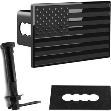 Imagem de eVerHITCH Capa de engate de metal para reboque com bandeira americana serve para receptores de 5 cmeVerHITCH Fits 2" Receivers preto HPK24029