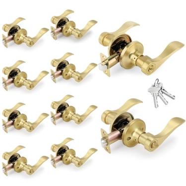 Imagem de LOQRON Pacote com 10 alavancas de porta em estilo ondulado com chave escovada, puxador de porta de entrada com chave com trava, reversível para canhoto/direito para escritório ou porta da frente