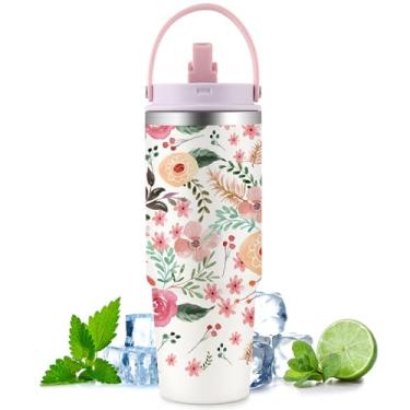Imagem de Ochapa Copo de flores, garrafa de água de aço inoxidável de 850 g com alça, canudo, caneca de viagem à prova de vazamento, xícara de café, aniversário dia das mães, para mulheres,