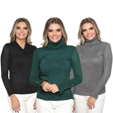 Imagem de Kit 3 Blusas Feminina de Tricot Manga Longa Tendência Frio 2024 - SP/C
