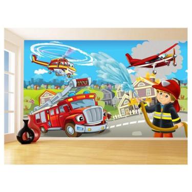 Imagem de Papel De Parede 3D Infantil Bombeiros Caminhão 3,5M Azs349 - Você Deco
