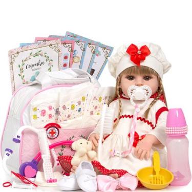 Imagem de Bebe Reborn Cabelo Loiro Pode Dar Banho Kit Acessórios Luxo - Cegonha 