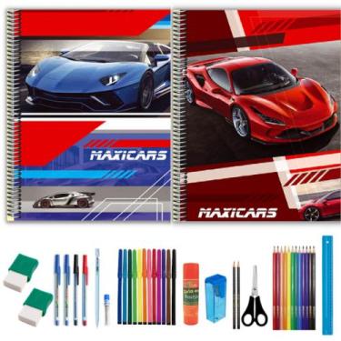 Imagem de Kit 2 Cadernos Menino 10 Matérias Material Escolar + 38 Acessórios - M