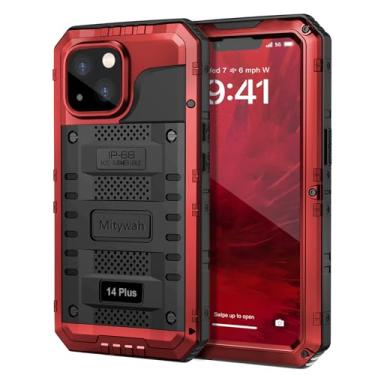 Imagem de Mitywah Capa à prova d'água para iPhone 14 Plus, capa resistente à prova de choque com protetor de tela integrado, capa de metal protetora subaquática de corpo inteiro 6,7 polegadas, vermelha