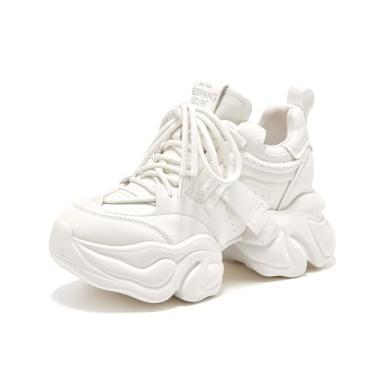 Imagem de BEAU TODAY Tênis grosso feminino, tênis fashion feminino, de couro, confortável, casual, com cadarço, plataforma grossa, Branco, 34