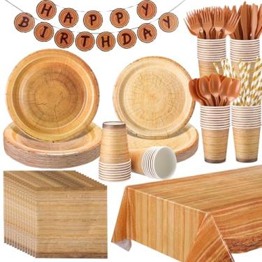 Imagem de Sawysine Conjunto de louça descartável, 202 peças, grãos de madeira, acampamento, caça, 50 pratos, 25 xícaras, 25 guardanapos, 25 garfos de plástico, 25 facas, 25 colheres, 25 toalhas de mesa com