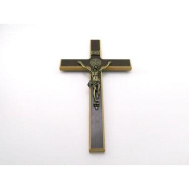 Imagem de Crucifixo de Parede Madeira Escura e Metal 34 cm - Amém Decoração Reli