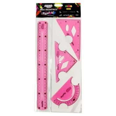Imagem de Kit Régua Jogo Geométrico Flexível Não Quebra c/4 Peças Rosa/Azul - Br