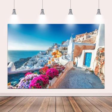 Imagem de Pnylzzyxh Pano de fundo da ilha de Santorini da Grécia de 3 x 2,4 m, arquitetura de casas brancas, romântico, mar Egeu, flores desabrochando para decoração de festa de aniversário e casamento na