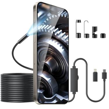 Imagem de Câmera endoscópica com luz para iPhone Android – Boroscópio de cobra 1920P com 8 LEDs, ferramenta de inspeção à prova d'água IP67 para encanamento de motor de tubo de drenagem (cabo semirrígido de