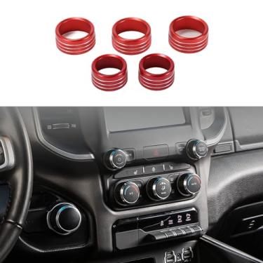 Imagem de INFINAUTO Anel de cobertura de botão de controle de volume de mídia de ar condicionado AC, acabamento de decalque interior para Dodge para RAM 2018-2022 vermelho, 5 peças