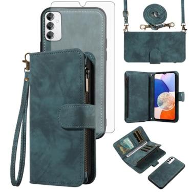 Imagem de Asuwish Capa de celular para Samsung Galaxy A14/M14 5G com zíper carteira magnética com protetor de tela de vidro temperado alça transversal flip porta-cartão de crédito A 14 4G 14A 14M G5 mulheres