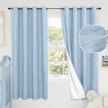 Imagem de Cortinas blecaute de linho azul bebê para berçário, conjunto de 2 painéis de comprimento de 153 cm, isolamento térmico, boho, total blackout, redução de ruído, cortinas de janela Bonzer para quarto de