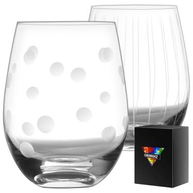 Imagem de Gnimihz Taças de vinho sem haste gravadas para vinho tinto ou branco (conjunto de 2), 510 g, taças de vinho grandes para Cabernet, Pinot Noir, Bordeaux (Linhas+Pontos)