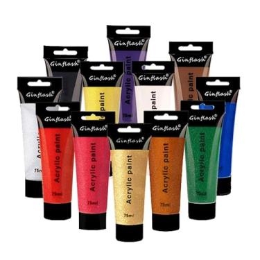 Imagem de Ginflash 12 peças 75 ml/tubo de purpurina/tinta acrílica normal pigmento pintura de arte desenho DIY pintura de parede grafite pintura pintada à mão suprimentos de arte (12 peças de cor purpurina)