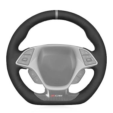 Imagem de MEWANT Capa protetora de volante de carro de camurça costurada à mão para Chevrolet Corvette (C7) 2015-2019 Chevrolet Corvette (C7) acessórios (para direção em forma de D com saliências)