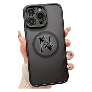 Imagem de SPOBIT Capa para iPhone 16 Pro Max fosca translúcida, magnética forte compatível com MagSafe, capa rígida fina de policarbonato fosco TPU macio para celular de 6,9 polegadas - preta (letra floral N)