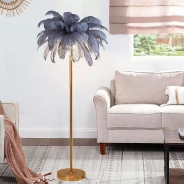 Imagem de Luminária de chão nórdica, luminária de chão de penas naturais regulável, proteção ocular, iluminação de leitura, luz alta para sala de estar, quarto, escritório