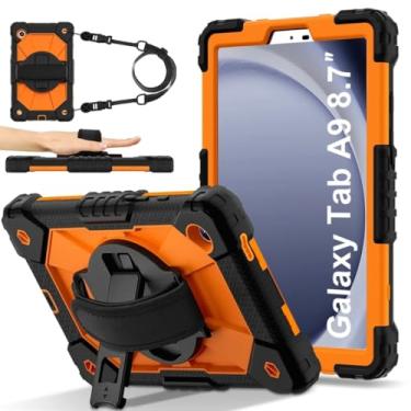 Imagem de Capa para Lenovo Tab P12 Pro de 12,6 polegadas (TB-Q706F/TB-Q706Z), à prova de choque, função de suporte, alça giratória de 360°, para suporte de caneta, alça ajustável (preto) (preto - laranja, Tab