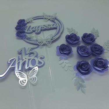 Imagem de Topo de Bolo 15 anos Lilás Flores Espiral personalizado - MIWL ART