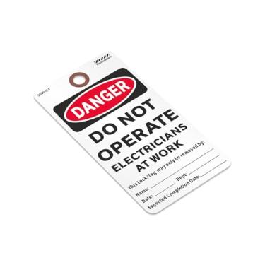 Imagem de SmartSign Pacote com 25 etiquetas Danger Do Not Operate Electricians at Work com patch de fibra reforçada, 7,6 cm x 14,6 cm, cartolina de 13 pontos, compatível com OSHA, dupla face com seções de