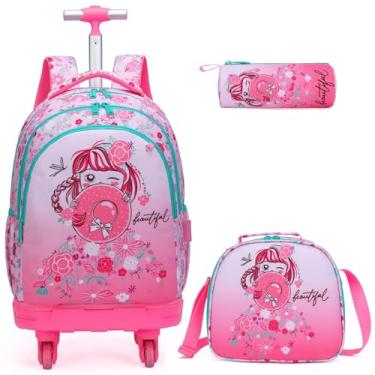 Imagem de Egchescebo Mochila Escolar Infantil com Rodinhas para Menina Crianças Rodas Bolsa Mala Carrinho 17” 3PCS Rodinha de Rolagem Giratória Lancheira Juvenil Estojo Costas Divertidamente Rosquinha Vermelho