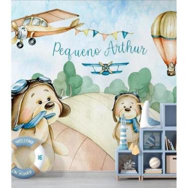 Imagem de Papel de Parede Infantil Ursos, Balões e Aviões - AloPapers, 1,50m de 