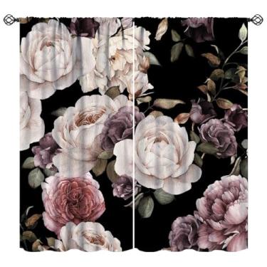 Imagem de Cortinas florais góticas pretas retrô folhas de flores rústicas aquarela rosa botânica peônia rosa vintage primavera planta boho cortinas cortinas para sala de estar quarto cozinha janela tratamentos