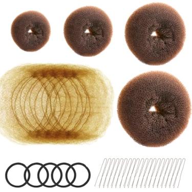 Imagem de FANDAMEI Kit para fazer coque de rosquinha de cabelo – 4 máquinas de coque de cabelo, 20 redes invisíveis para pãezinhos, 5 elásticos, 20 grampos, redes de coque para meninas de balé, rosquinhas de