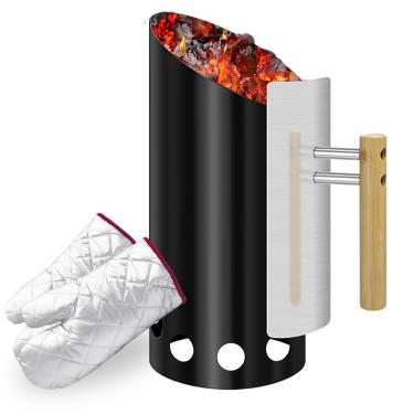 Imagem de Joyagrill Acendedor De Chaminé De Carvão Com Luvas De Isolamento Acendedor De Chaminé Esmaltado Duplo, Acendedor De Chaminé Para Grelha De Carvão Com Escudo Térmico E Cabo De Madeira De Borracha Óti