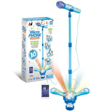 Imagem de Funvalley Surperfect Máquina De Karaokê Infantil Com Suporte Ajustável, Microfone Infantil, Música Para Cantar Junto Com Luz De Palco Piscante E Pedais, Presente Para Crianças (Azul)