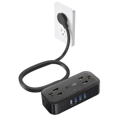 Imagem de TROND Filtro De Linha De Viagem Com Portas Usb, Cabo De Extensão De Plugue Plano De 5 Pés Com Várias Tomadas, Adaptador Extensor De Montagem Em Parede Pequeno Para Itens Essenciais De Dormitório De