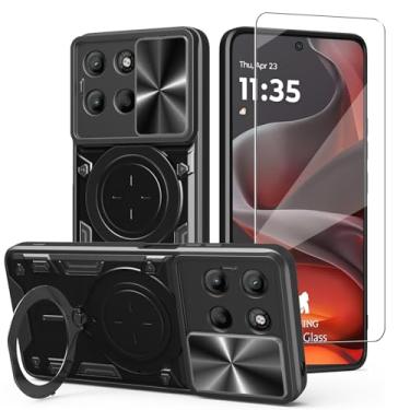 Imagem de WRTBS Capa de celular para Motorola Moto G15 com protetor de tela de vidro, capa de proteção para câmera deslizante embutida, capa protetora de corpo inteiro militar resistente - preta