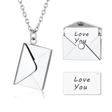 Imagem de Viskmdi Colar envelope com mensagem para mulheres, colar de aço inoxidável, carta de amor, colar I Love You, pequeno medalhão festivais, joias de aniversário para mãe, esposa, namorada, Aço