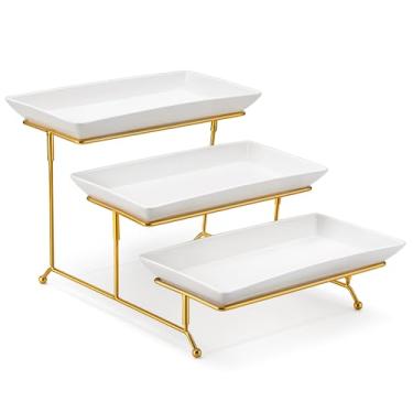 Imagem de MALACASA Bandejas de servir de 3 camadas para festas, bandejas brancas de porcelana de 30 cm para servir alimentos, suporte de sobremesa com rack dobrável de metal dourado
