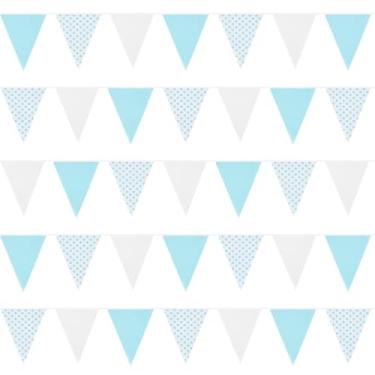 Imagem de Zwiebeco Faixa de tecido de bolinhas brancas azuis de 1,8 m bandeiras triangulares de guirlanda de algodão para aniversário, casamento, chá de bebê, verão, piscina, praia, festa, decoração de jardim