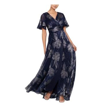 Imagem de Betsy & Adam Vestido longo com estampa de folha e manga esvoaçante, Azul marinho/arma, 46