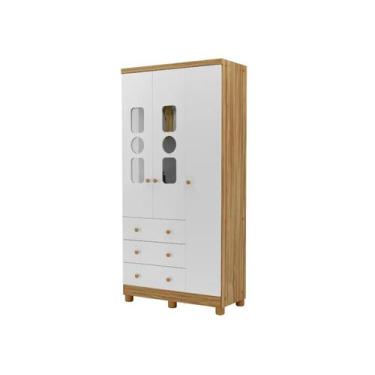 Imagem de Guarda Roupa Infantil Moveis Peroba Tedy 03 portas MDF, Branco e Amênd