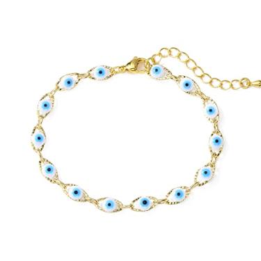 Imagem de cmoonry Pulseira feminina banhada a ouro 14 quilates com corrente turca olho azul para meninas, presente de aniversário, Cobre