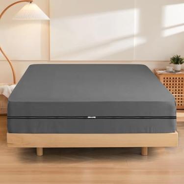 Imagem de Lençol King Size com zíper com bolso profundo de 20 cm, 100% algodão egípcio, 600 fios, capa de colchão com zíper de qualidade hoteleira, 1 lençol com elástico apenas King 188 x 203 cm, cinza escuro